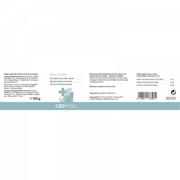 CBD Vital VET Relax Komplex für Tiere die Rückseite einer Dose mit allen Informationen