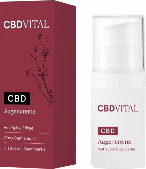 CBD Vital Premium Augencreme die Vorderseite der Flasche und Verpackung