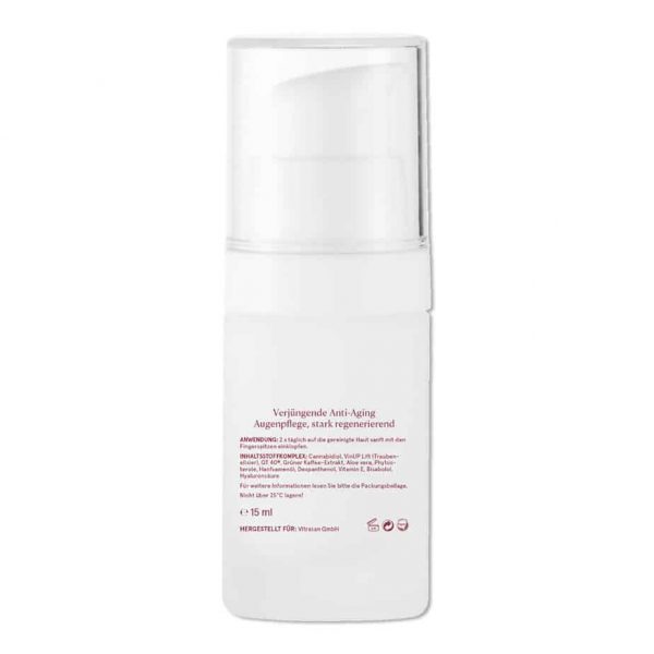 CBD Vital Premium Augencreme die Rückseite der Flasche mit Inhaltsstoffen