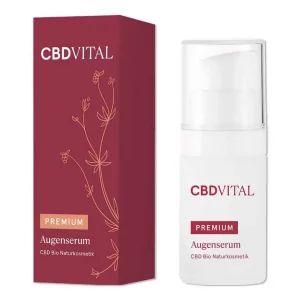 CBD Vital Premium Augenserum die Vorderseite der Flasche und Verpackung