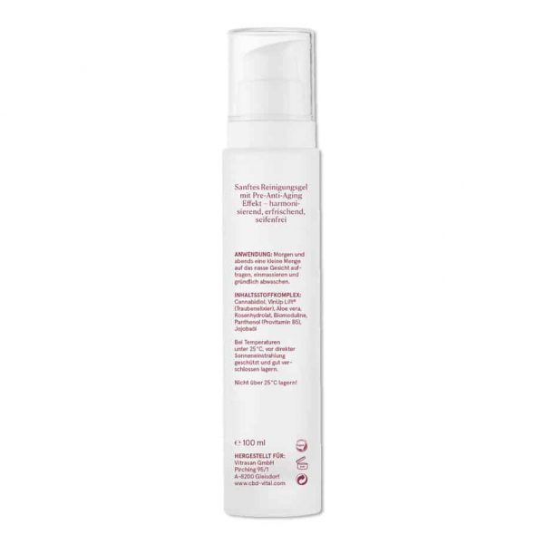 CBD Vital Premium Gesichtsreinigung die Rückseite der Flasche mit Inhaltsstoffen