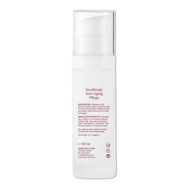 CBD Vital Premium Lifting Serum die Rückseite der Flasche mit Inhaltsstoffen